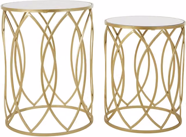 Orsina Set of 2 Gold Nesting Round Side Tables with Mirrored Glass Tops and Metal Frames