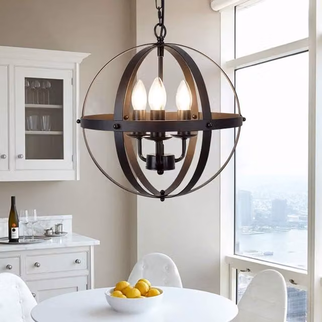 Garwarm Industrial Globe Pendant Light, Black Metal Spherical Vintage Chandelier with Transparent Shade