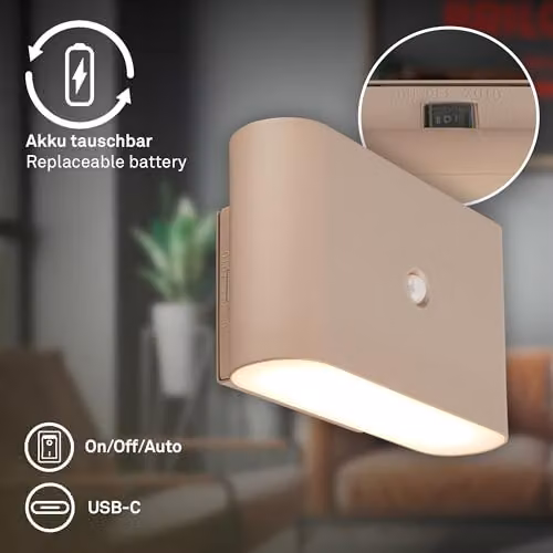 Briloner Rechargeable LED Wall Light with Motion Sensor and Up & Down Lighting, Beige, W/D/H: 16 x 9.5 x 6.5 cm – 5