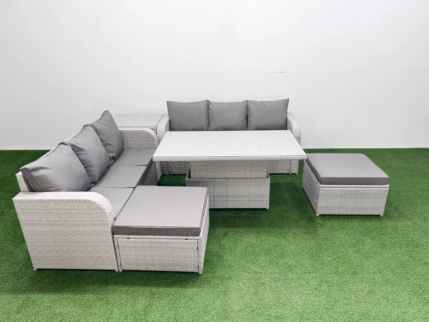 Fimous 8 Seater Grey Wicker Rattan Garden Furniture Set with Adjustable Lifting Dining or Coffee Table and High Back Lounge Sofas – 2