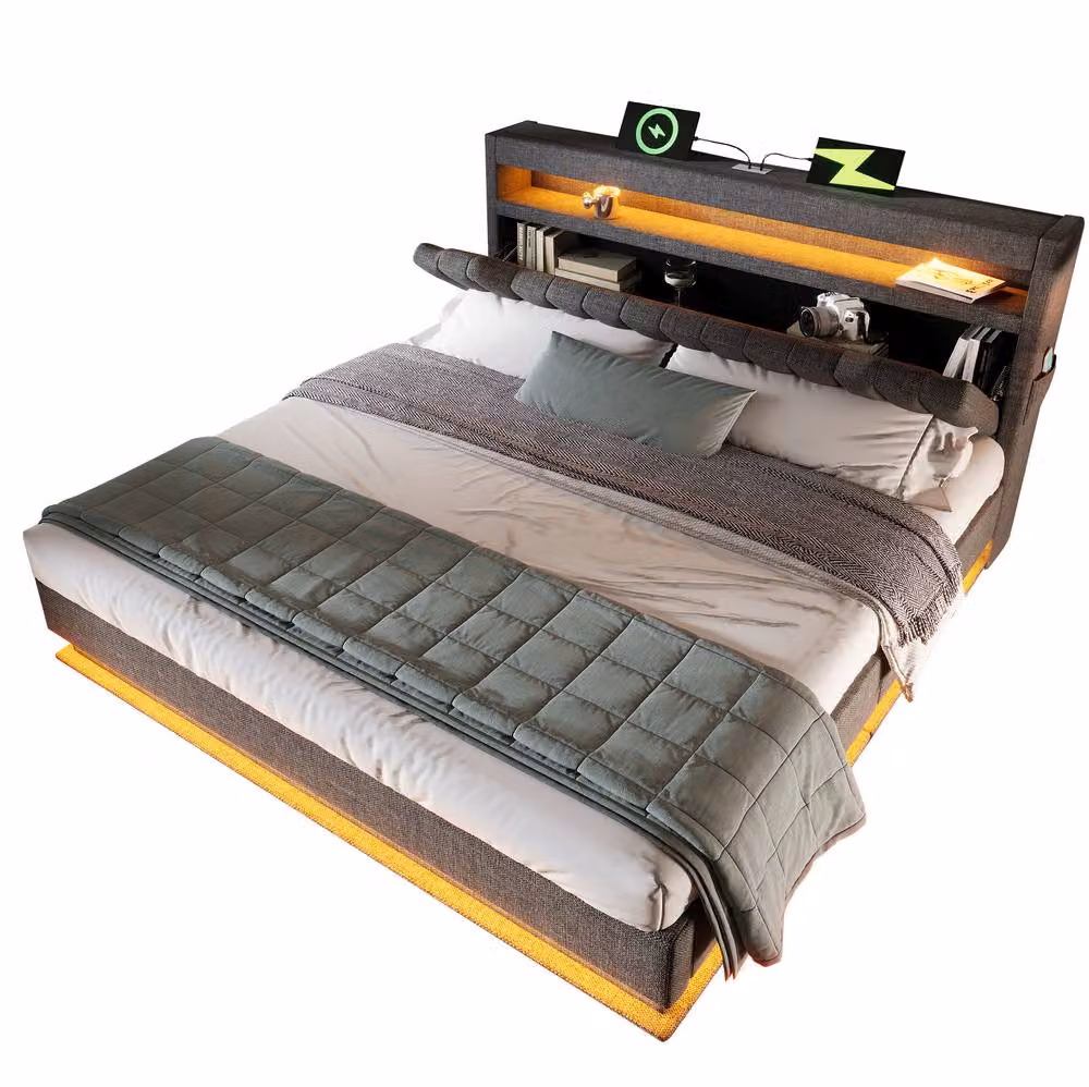 STILVORA King Size Bed Frame in Grey with LED Lighting, USB Charging Ports, Bedside Shelves and Lift-Up Storage W/D/H: 150 x 200 x 30 cm – 5