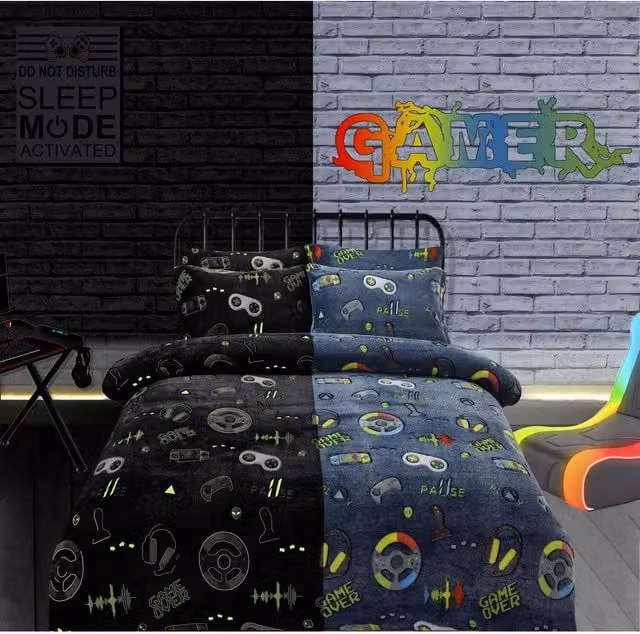 Gamer Station Glow in the Dark Teddy Fleece Duvet Set, Grey, 90 x 200 cm