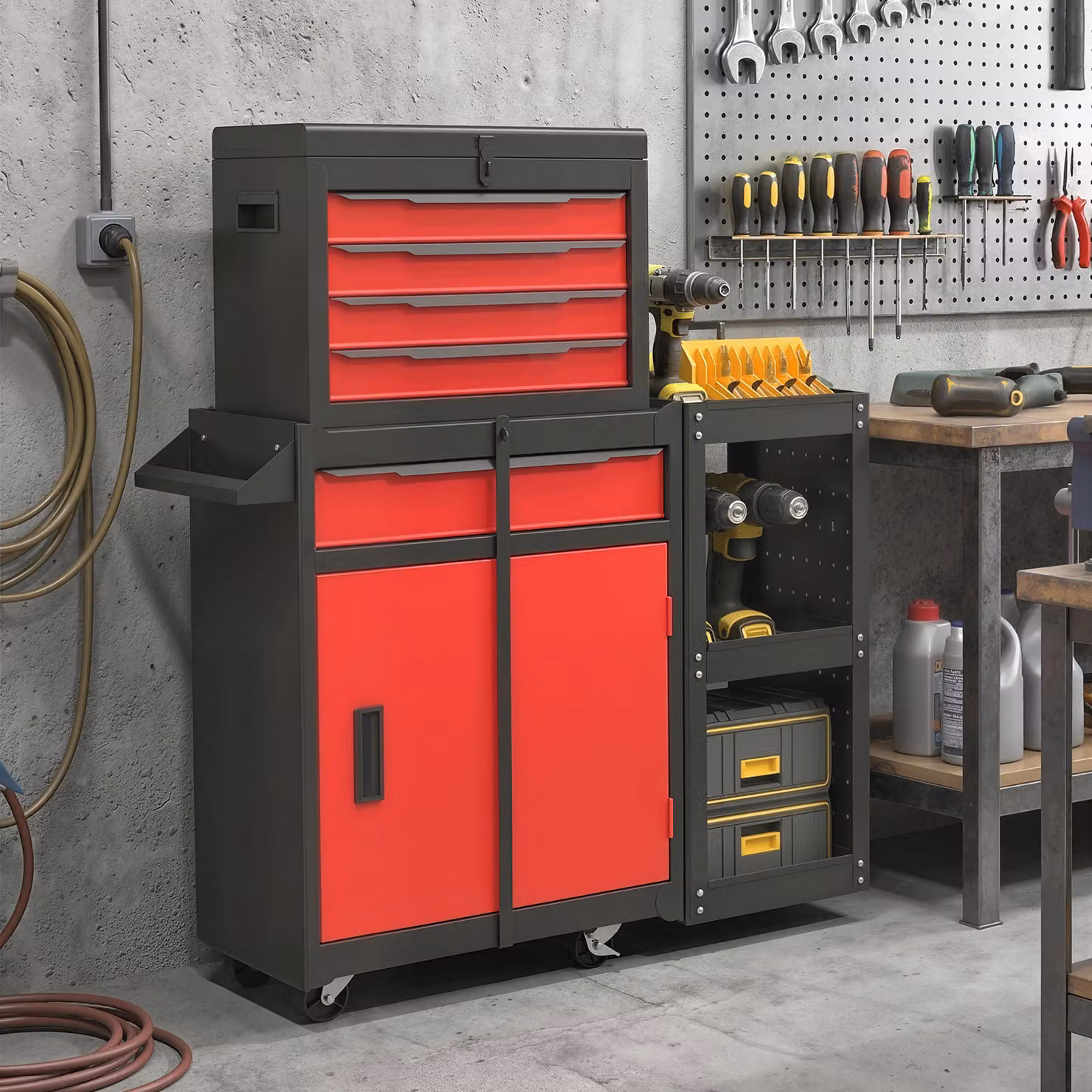 HOMCOM Red Steel Mobile Modular Tool Chest with 5 Drawers, Side Rack, Pegboard and Lock – 4
