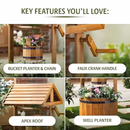Gainsborough Wooden Wishing Well Planter with Faux Crank, Bucket and Liner in Brown, Height: 83 cm – 3