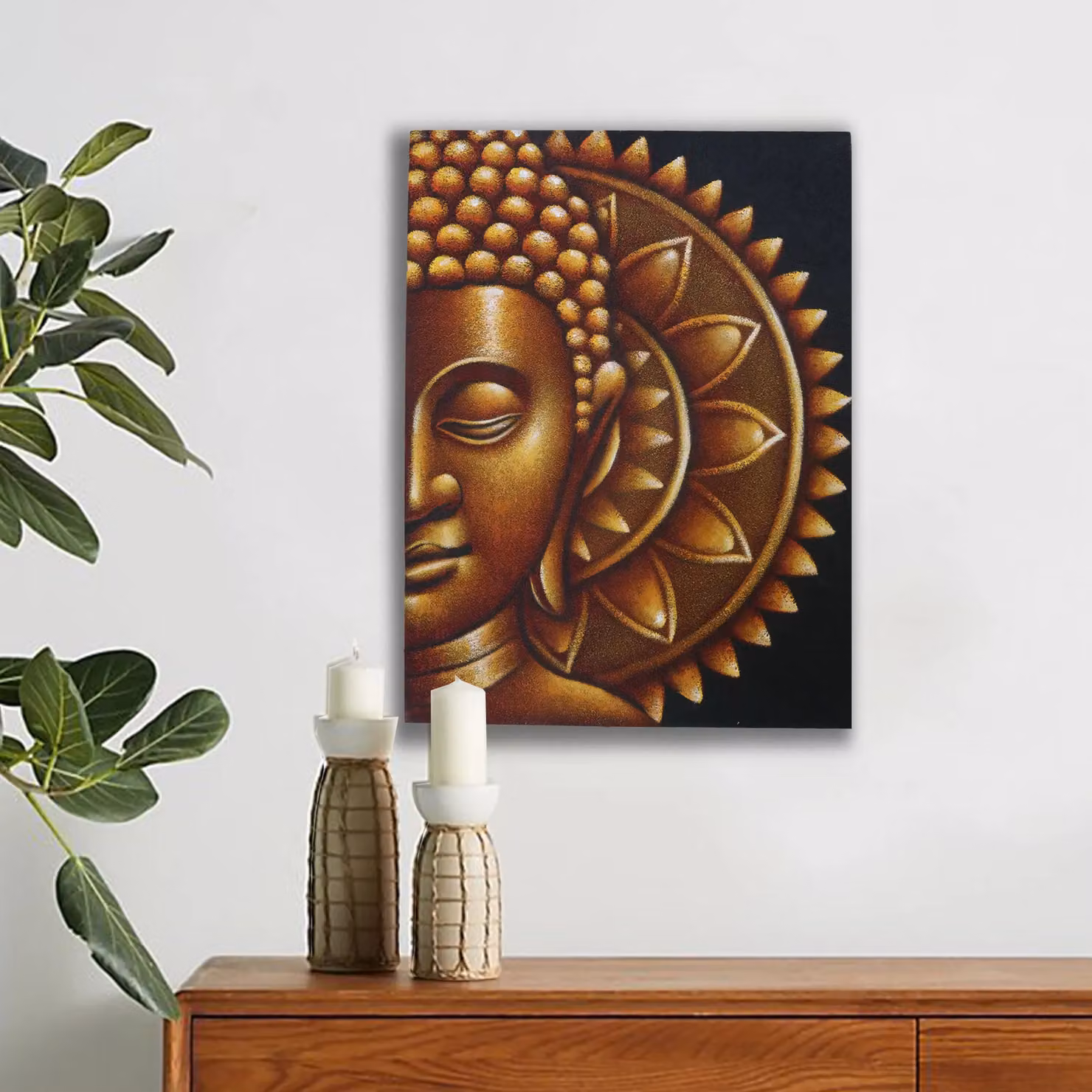 KDMD Gold Half Buddha Mandala Ethnic Canvas Painting in Brown, W: 60 cm, H: 80 cm – 2