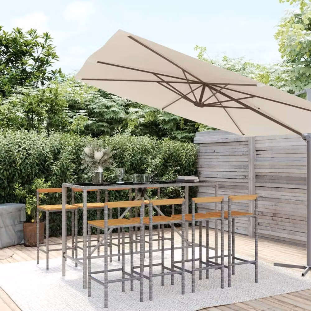 Berkfield Home 9 Piece Grey Poly Rattan and Solid Acacia Wood Garden Bar Set – 2