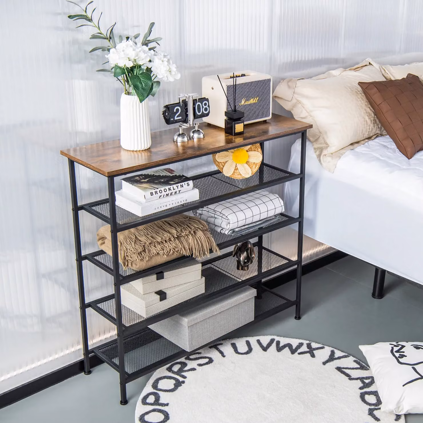Costway 5-Tier Industrial Shoe Rack with Wooden Top and Black Mesh Shelves in Light Brown – 5