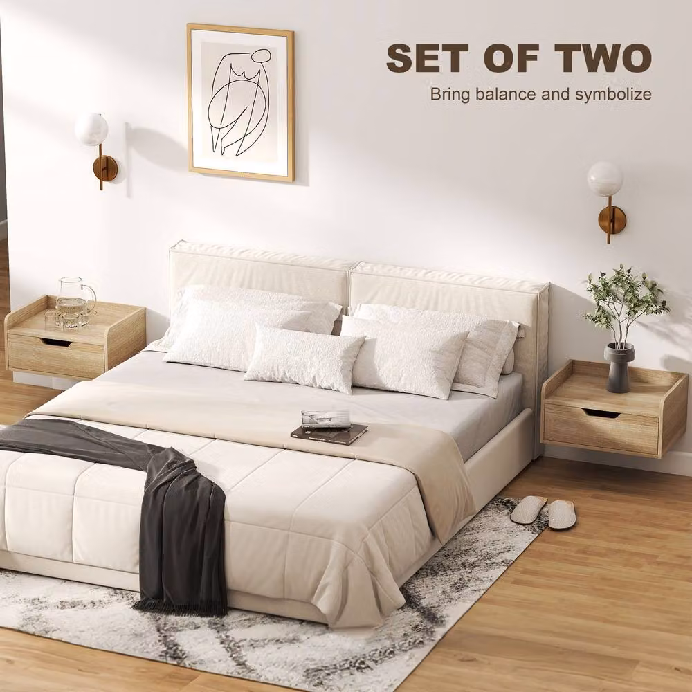 HOMCOM Set of 2 Wall-Mounted Floating Nightstands with Drawer in Natural Wood Finish – 2