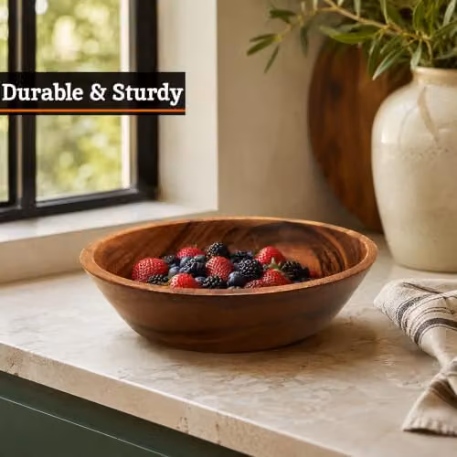 Premier Housewares Brown Acacia Wood Round Tapered Salad Bowl, Diameter: 20 cm – 4