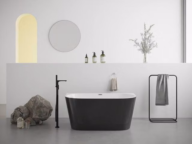 Vente-unique Asymmetric Semi Freestanding Acrylic Bath in Gloss Black, W/D/H: 180 x 75 x 58 cm, 255L – 1