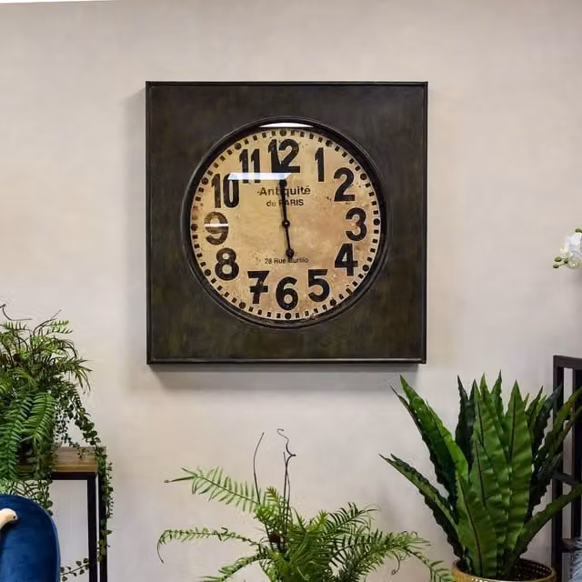 Madison & Mayfair Antiquité de Paris Square Industrial Metal Wall Clock in Black, W/H: 80 x 80 cm – 1