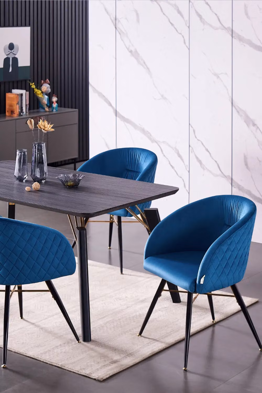 Life Interiors Set of 4 Vittorio Velvet Dining Chairs with Black Metal Legs in Blue – 4