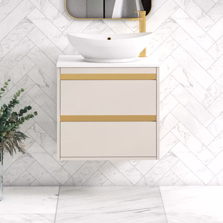 Royal Bathrooms Orion 600mm Warm Taupe Wall Hung Vanity Unit with White Amaze Basin and Brushed Brass Accent Trim