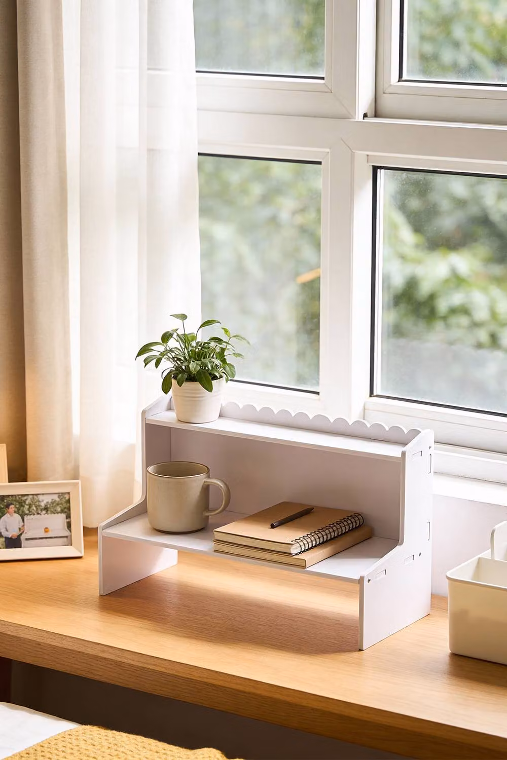 Living and Home 2-Tier WPC Desktop Storage Shelf with Scalloped Edge in White – 4