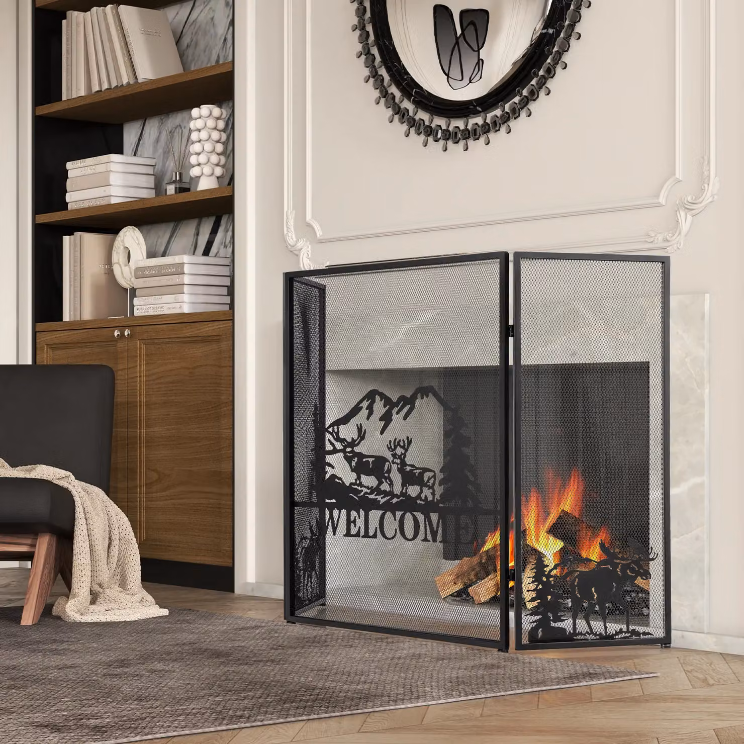 Costway 3-Panel Folding Fireplace Spark Guard with Natural Scenery and Moose Pattern, Black, W: 132 cm, H: 79 cm, D: 79 cm – 5