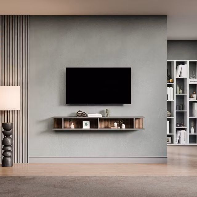 Decorotika Brugge Wall Mounted Entertainment Center in Black with Alina Geometric Pattern