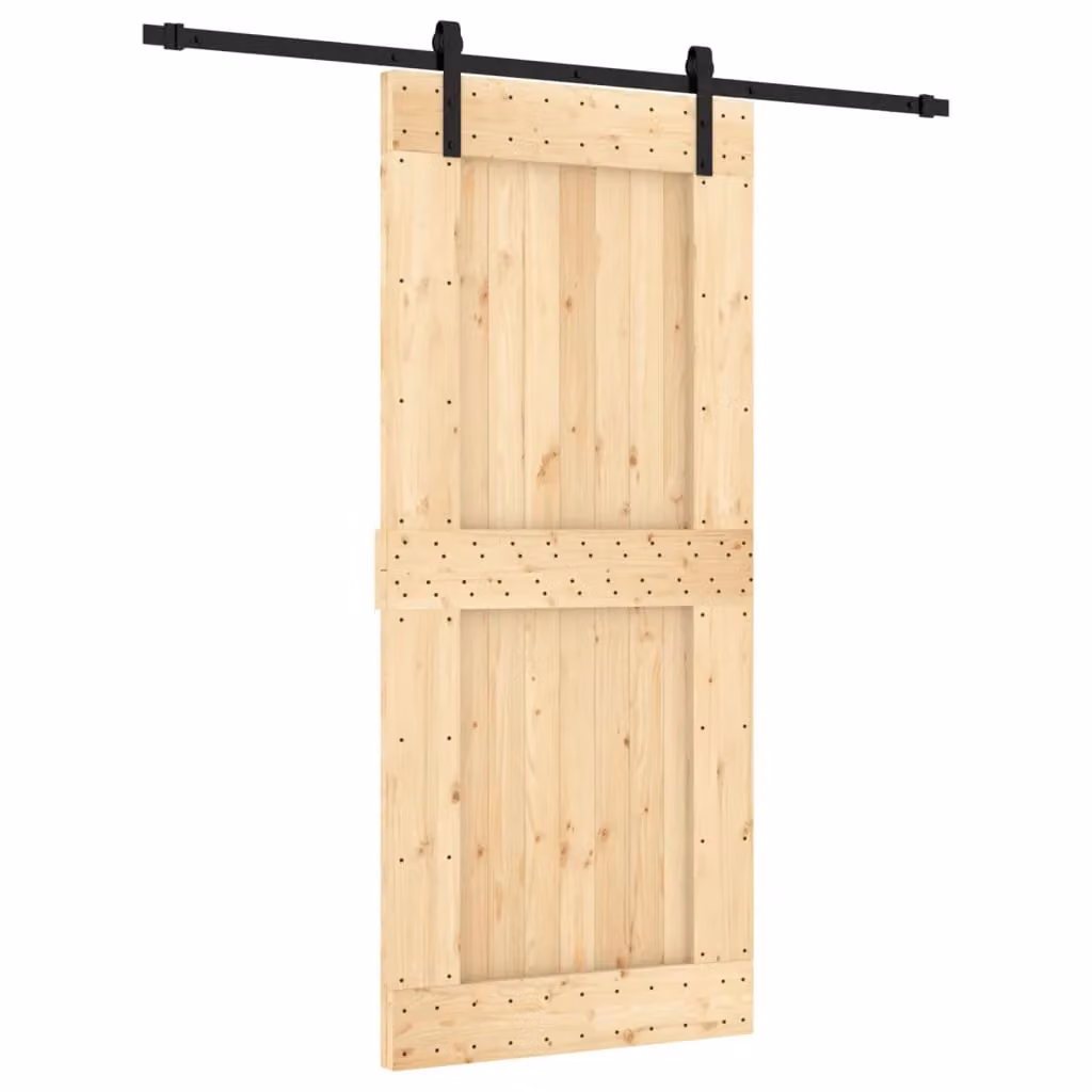 Berkfield Home Rustic Solid Wood Pine Sliding Door with Hardware Set, Brown, W: 90 cm, H: 210 cm – 2