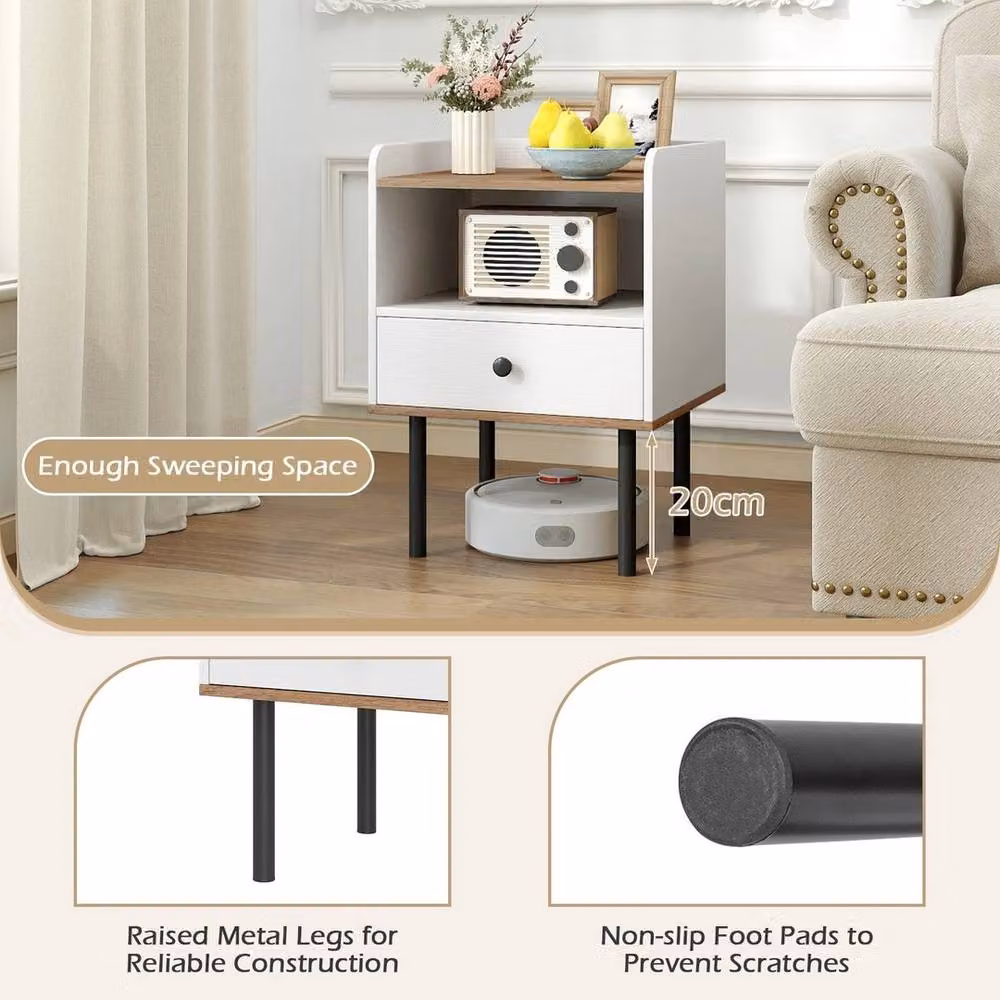 VOGREX Set of 2 White Modern Bedside Nightstands with Drawer and Open Storage Shelf – 3