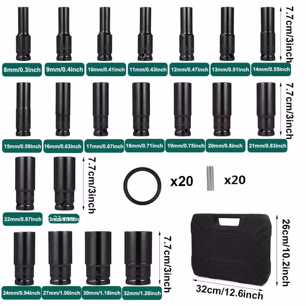 Kelvenix 20-Piece 1/2 Inch Drive Metric Deep Impact Socket Set, 8-32mm, Black Steel – 2