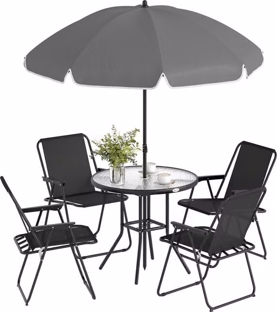 Outsunny 6 Piece 4 Seater Garden Furniture Set with Round Glass Table and Parasol, Black