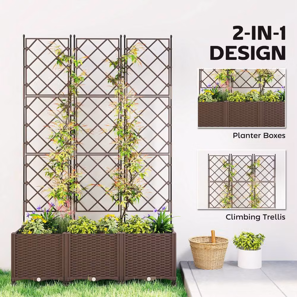 OUTSUNNY Brown Plastic Raised Planter with Trellis and Self-Watering Design, W/D/H: 120 x 40 x 192 cm – 3