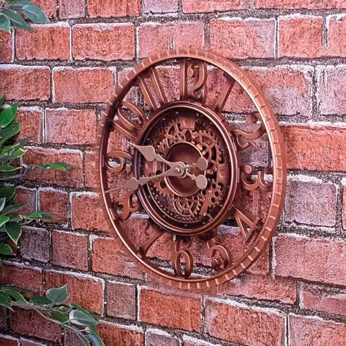 mysmartbuy Vintage Open Face Indoor or Outdoor Skeleton Wall Clock with Cog and Wheel Design, Bronze and Green, Diameter: 30 cm
