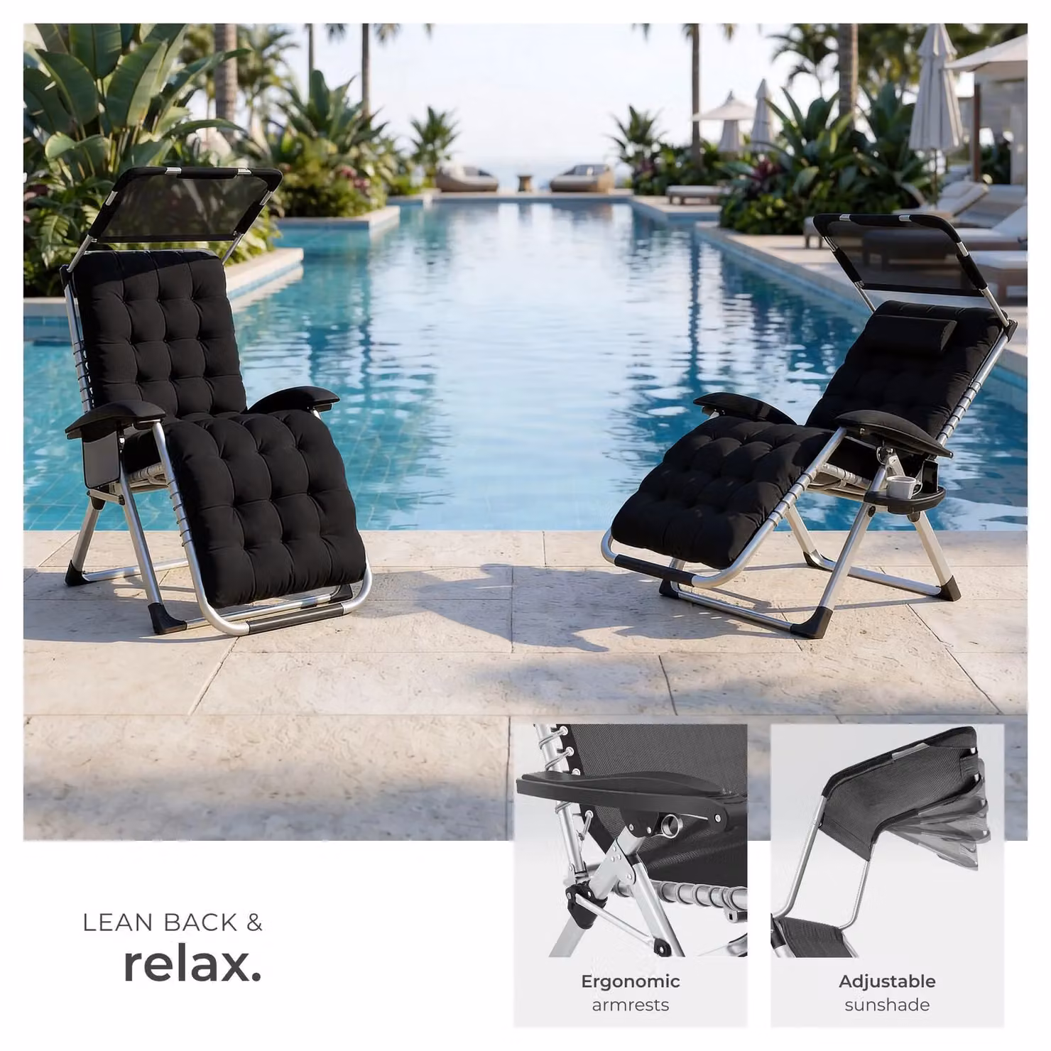 tectake Cirrus 1 Seater Sun Lounger in Black with Sun Canopy and Adjustable Headrest – 4