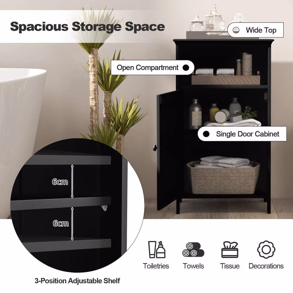 Gymax Black Lacquered Freestanding Bathroom Floor Cabinet with Single Hinged Door and Internal Shelves – 7