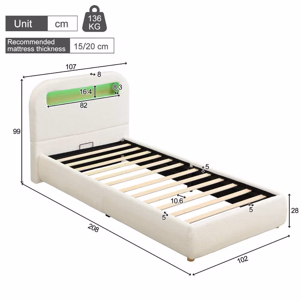 Rolipo White Upholstered Bouclé Fabric Double Bed with Lift Up Base and Under Bed Lighting, W/D/H: 140 x 200 cm – 4