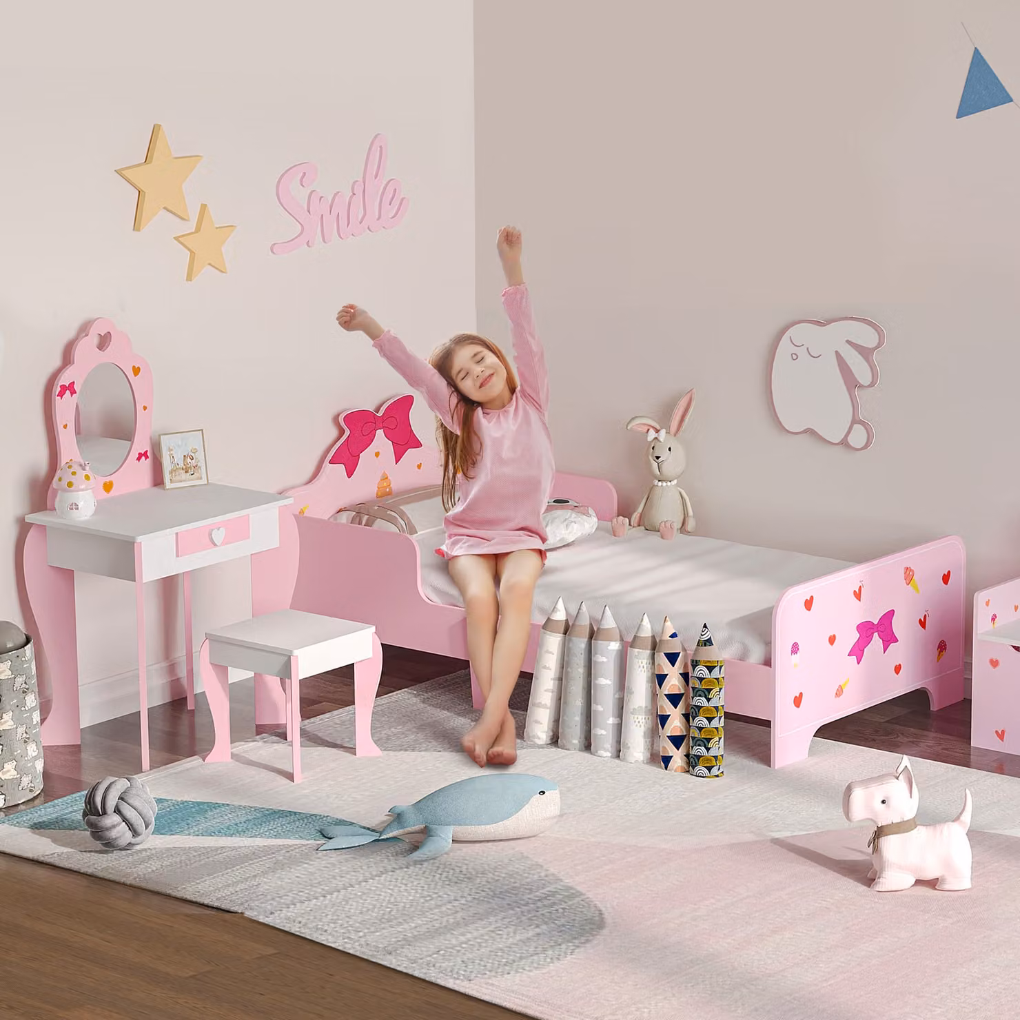 ZONEKIZ 3-Piece Princess Themed Kids Bedroom Furniture Set in Pink, including Bed, Dressing Table and Stool – 2