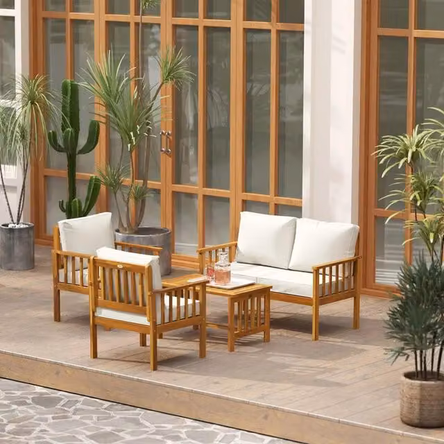 Chilli Seating Modern Acacia Wood Garden Sofa Set in Beige and White