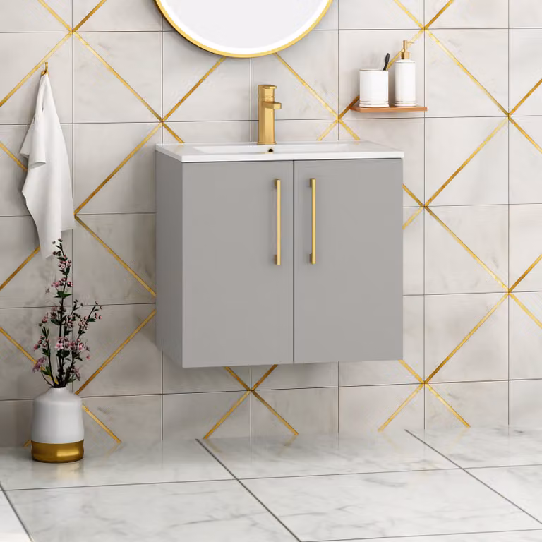 Royal Bathrooms Modena 800mm Wall Hung Vanity Unit in Satin Grey with 2 Soft Close Doors and Brushed Brass Handles
