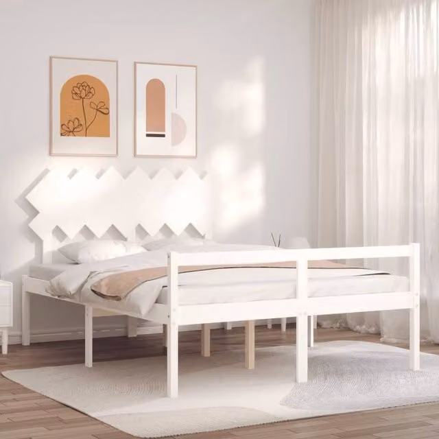 Berkfield Home White Solid Pine Wood Bed Frame with Headboard W/D/H: 140 x 200 cm – 1