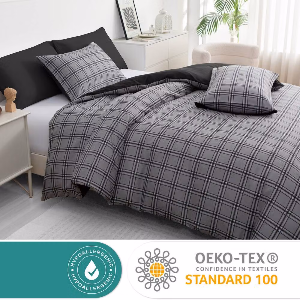 Pamposh Grey Checked Microfibre Reversible Duvet Cover Set, W: 200 cm x H: 200 cm – 5