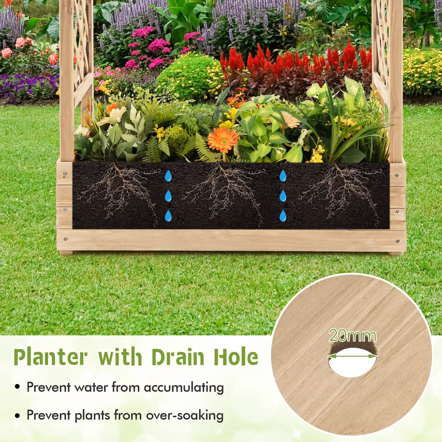 Costway Natural Wooden Raised Garden Bed and Vertical Plant Container for Climbing Plants, W: 44 cm, D: 44 cm, H: 113 cm – 5