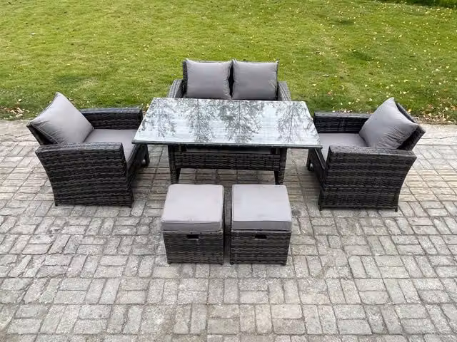 Fimous 6 Seater Rattan Outdoor Garden Furniture Set with Rectangular Dining Table and Lounge Sofa in Dark Grey