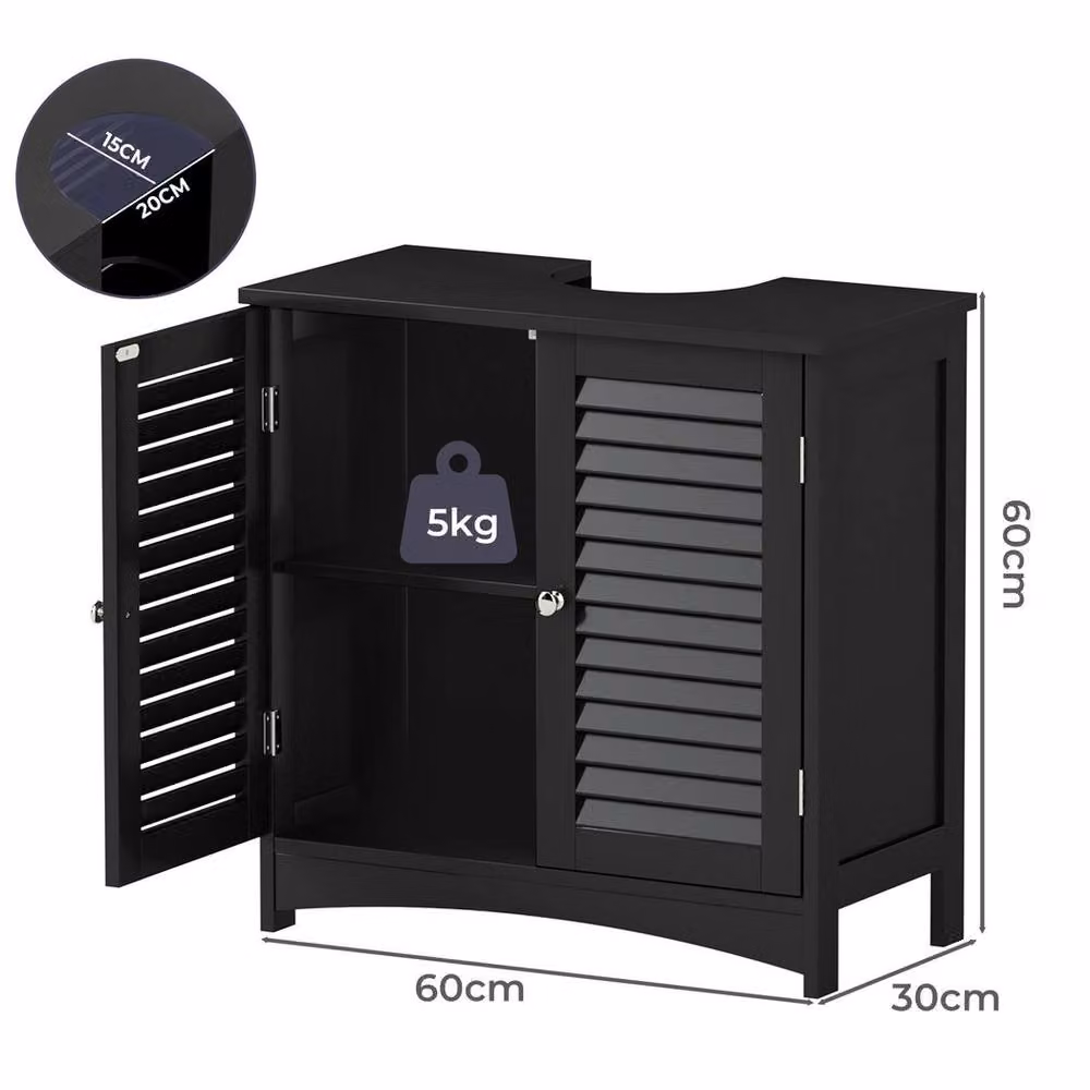 Levede Black Modern Wooden Under Sink Bathroom Vanity Unit with Internal Shelves and Hinged Doors – 3