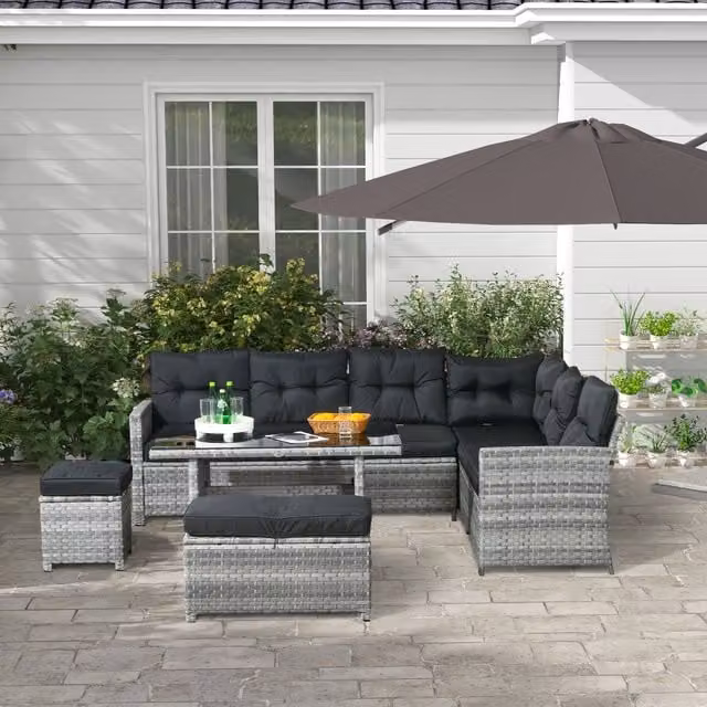 Outsunny 5 Piece Grey Rattan Patio Garden Furniture Set with Table and Stools