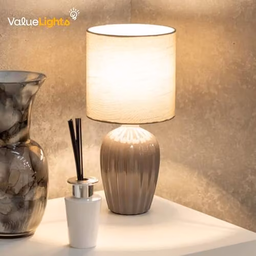 ValueLights Grey Fluted Ceramic Table Lamp with Fabric Lampshade – 5