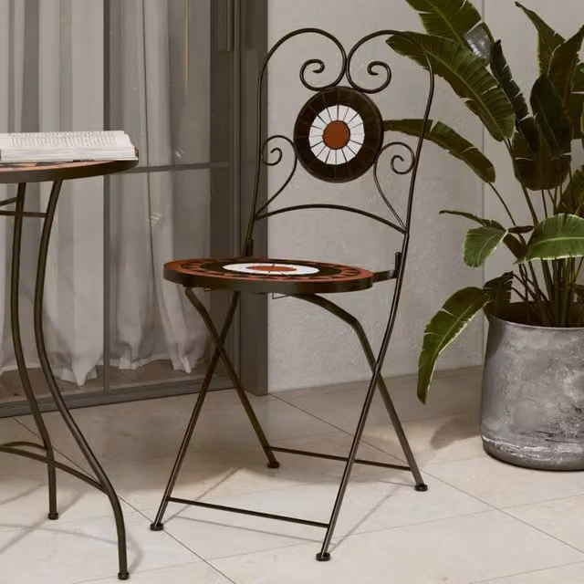 Berkfield Home Bistro Chairs Set of 2, Foldable Ceramic and Metal Chairs in Orange and White