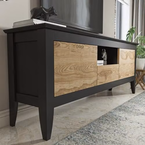 Decorotika Verde Modern TV Stand in Black and Oak with Three Cabinets and Open Shelves, W/D/H: 150 x 35 x 59 cm – 3