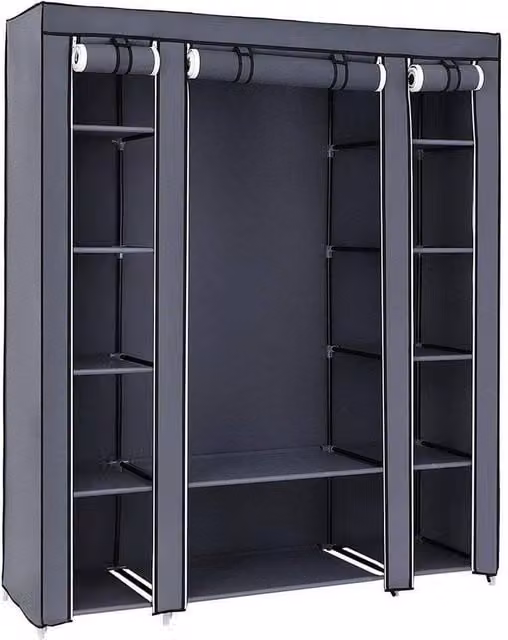 PAWNORA Grey Fabric Canvas Wardrobe with Hanging Rod and Internal Shelves, W/D/H: 45 x 45 x 175 cm – 1