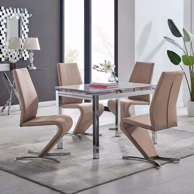 FurnitureboxUK Enna White Glass Extending Dining Table and 4 Willow Chairs in Cappuccino
