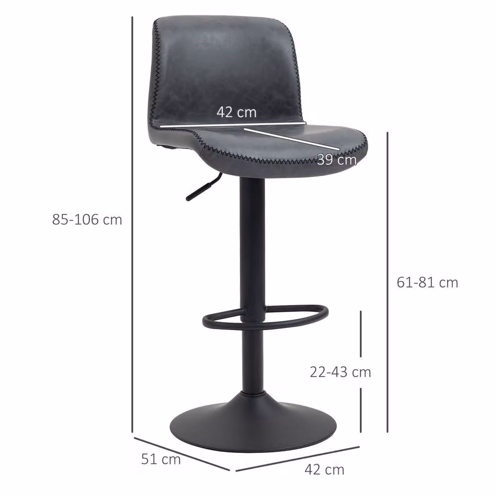 STILVORA Set of 2 Adjustable Height Swivel Bar Stools in Dark Grey Synthetic Leather – 3