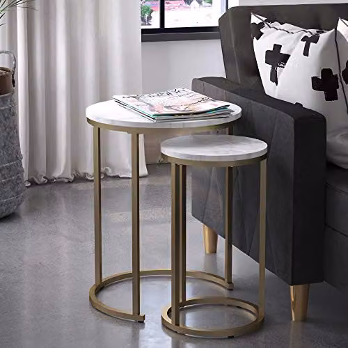 Dorel Home Furnishings Modern Nesting Tables with White Marble Look Tops and Gold Metal Frame, W/D/H: 45 x 45 x 57 cm – 2