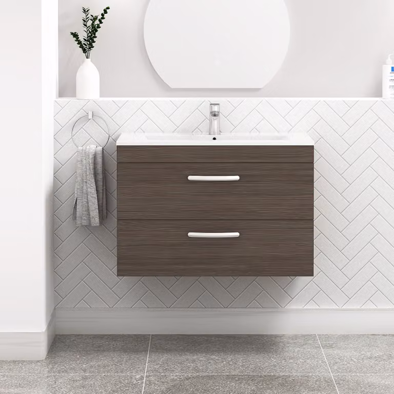 Royal Bathrooms Turin Grey Elm Wall Hung 2 Drawer Vanity Unit with Minimalist Basin