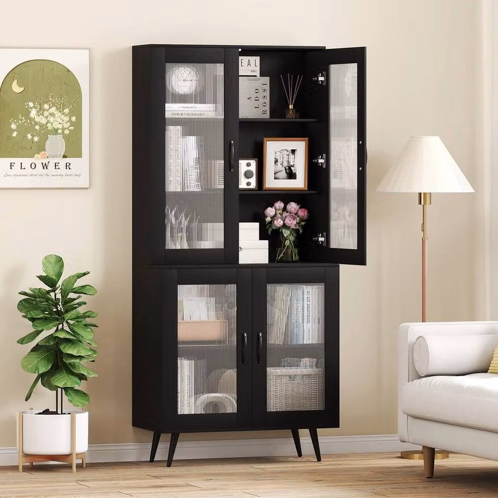KORVIXA Modern Black Kitchen Pantry Cabinet with Glass Doors, H 178 cm x W 70 cm – 3