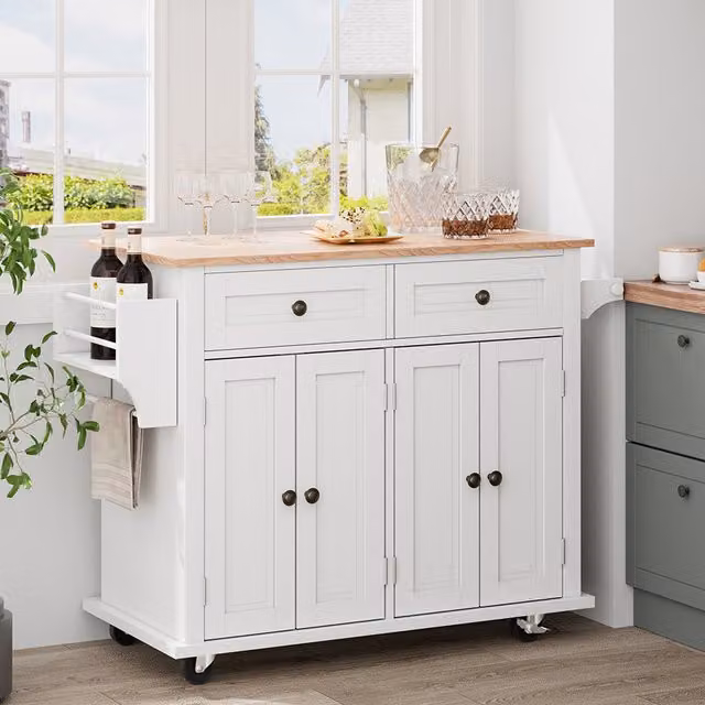 Komore Classic White Wooden Kitchen Cart with Storage Cabinet