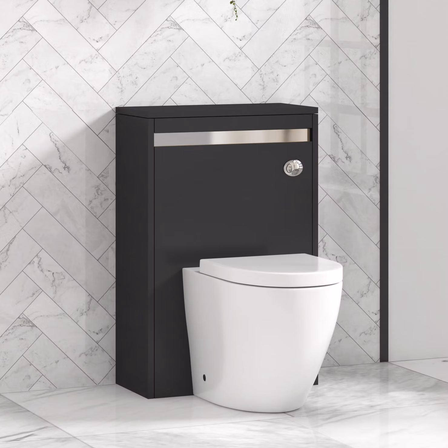 Royal Bathrooms Orion Matt Obsidian Black BTW WC Unit with Elva Rimless Ceramic Toilet Pan, Seat and Cistern with Chrome Accent Trim