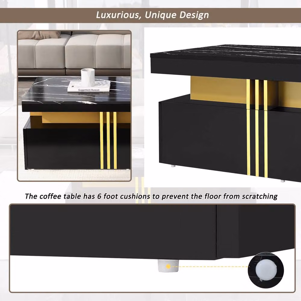 Rolipo Modern Black Marble Pattern Coffee Table with 2 Storage Drawers – 5